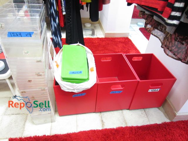 Lot 31-1264 - Closet Organizers: (3) Red Storage Boxes on Wheels 15x12", 13.5"D, Approx. (27) Clear Organizers w/L...