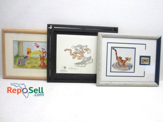 Lot 31-1329 - (3) framed Disney art, one sign, largest is 17"x14"