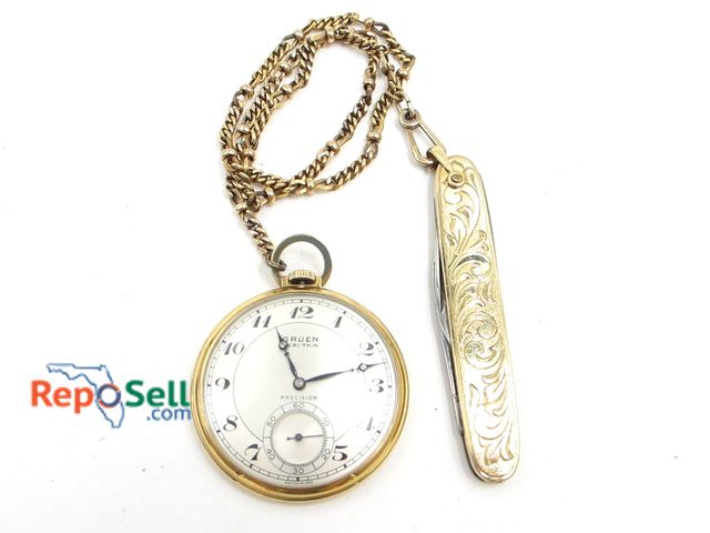 Lot 31-3005 - Gruen 10K Gold Filled Veri Thin Precision Pocket Watch with Chain, 12KGF Pocket Knife and Watch Box