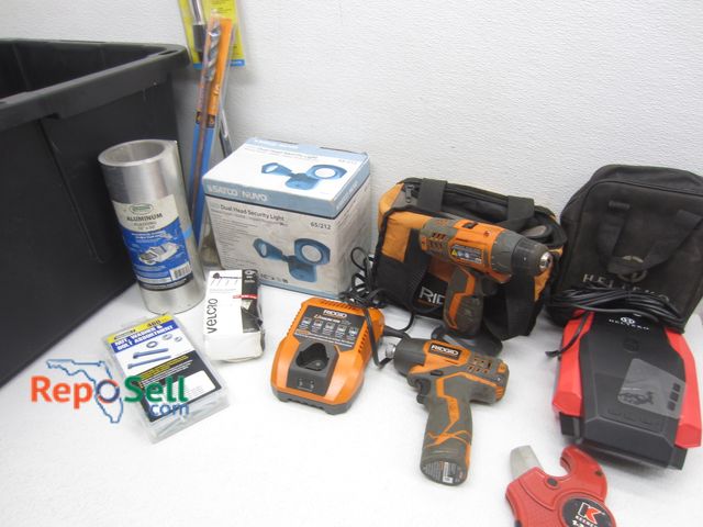 Lot 31-2403 - Tool &amp; Hardware Lot: Rigid Drill Impact Kit w/Battery &amp; Charger, LED Dual Head Security Ligh...