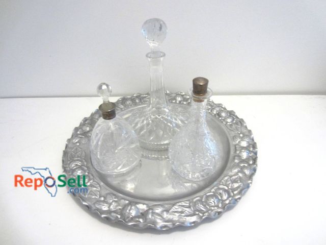 Lot 31-9066 - Hammered Tray Marked 'Made In Mexico' With Three Crystal Decanters Featuring One Marked .925 Silver ...