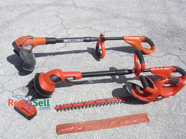 Lot 31-6110 - (3) Black &amp; Decker Tools w/(1) Battery: 1- Weed Wacker, 1- Hedge Trimmer, 1- Tiller - All Untest...
