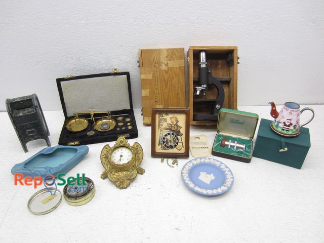 Lot 31-6372 - Vintage Lot: Microscope, Scale, Desk Clock, Mailbox Bank, etc.