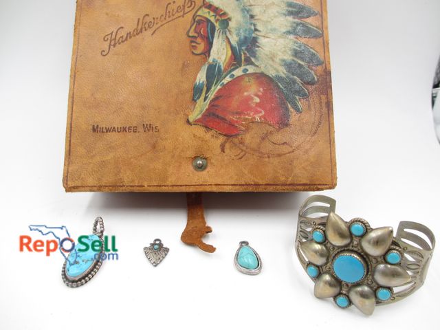 Lot 31-3023 - Vintage Native American Turquoise Jewelry: .925 Pendant, Nickel Silver Cuff Bracelet, Jewelry Box, e...