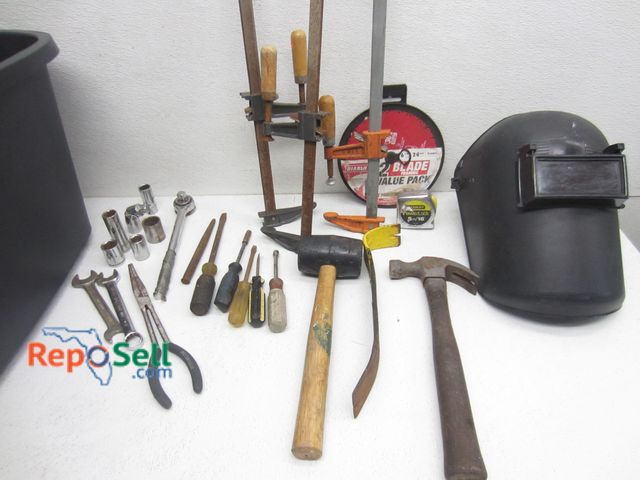 Lot 31-7092 - Lot Of Hand Tools, Some Vintage: Welding Helmet, Clamps, Sockets, Saw Blades etc