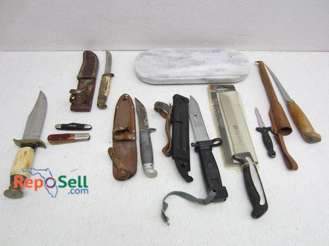 Lot 31-6117 - (7) Vintage Knives, (1) Bayonet, Marble Base