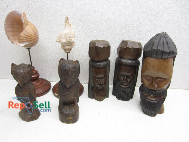 Lot 31-6124 - (7) Wood Figures: Owl, African, Shells On Stands etc