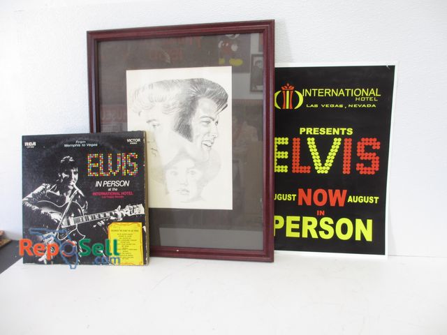 Lot 31-1195 - (3) Pcs. of Elvis Memorabilia; Back in Memphis Double RCA LP Set; Framed Drawing by Corter and Vegas...