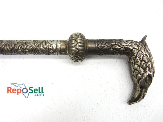 Lot 31-9602 - Antique Silver Plated Bird of Prey Head Cane w/ Original Walking Tip, 34" Tall