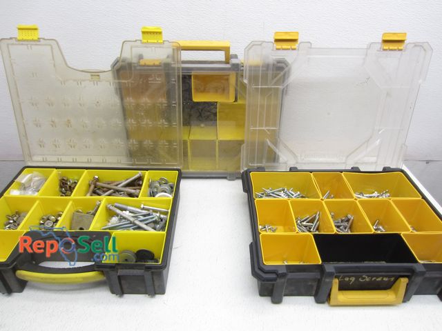 Lot 31-6069 - (3) Hardware Bins with Lag Screws, Stainless Nuts, Bolts, etc. (one is empty)