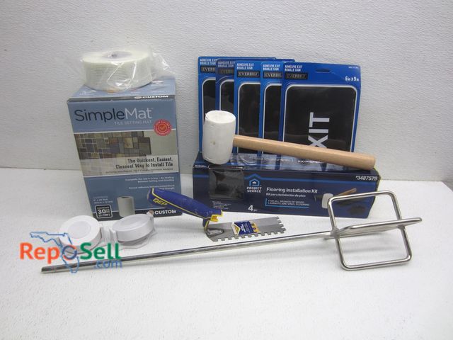 Lot 31-8325 - Flooring Installation Kit, (5) New Adhesive 6x9 Exit Signs, Simple Mat Tile Setting Mat (Partial), C...