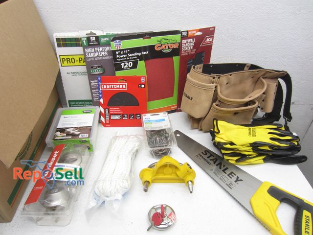 Lot 31-1469 - Lot of Tools, Tool Belt, Gloves, Rope, Sand Paper, etc.