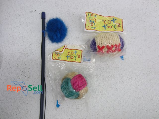 Lot 31-3326 - Tote of 3-Styles of Cat Toys: Chase/Paw Stick, Rope Ball &amp; Football - New