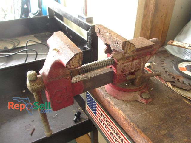 Lot 31-8368 - 2 Vintage Red Metal Bench Vises - One is Sears - Buyer must remove from bench