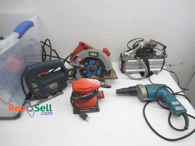 Lot 31-7096 - Tote Of Corded Power Tools: Screwdriver, Circular Saw, Sanders etc - All Power On Except Tire Inflat...