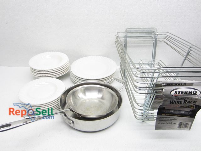 Lot 31-2142 - Estate Lot: (2) Emeril Pans, Ghatham Dishware And (7) Wire Chaffing Dishes