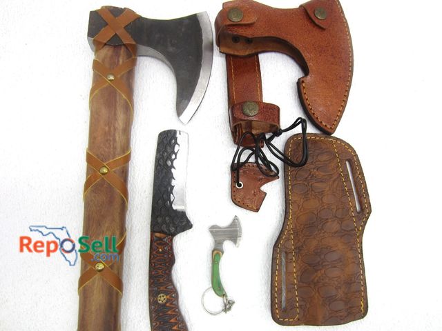 Lot 31-1057 - Axe, Knife w/Hammered Design &amp; Small Damascus Style Keychain/Necklace Knife - All w/Sheath &amp;...