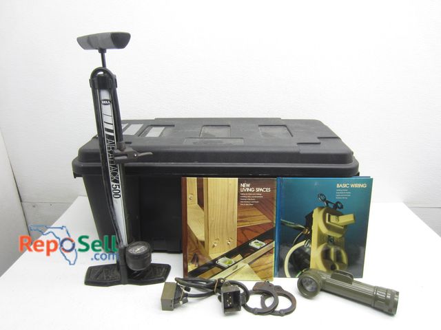 Lot 31-3449 - Plano Tote With Pump, Flashlight, Vintage Handcuffs etc