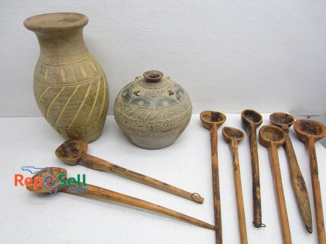 Lot 31-3397 - (2) Primitive Vases and Hand Carved Wood Spoons