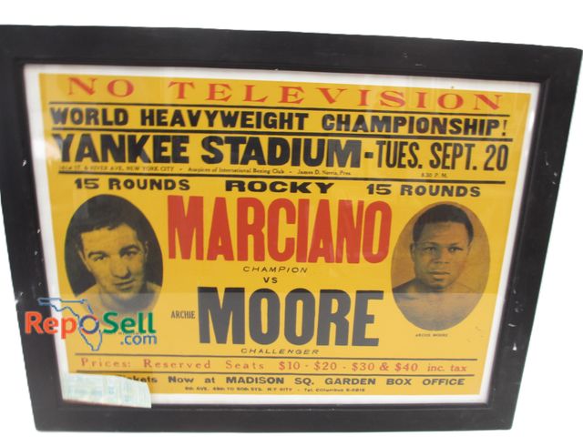 Lot 31-1092 - Rocky Marciano Original Boxing Poster w/ Event Ticket from Yankee Stadium; Framed 27" x 21"
