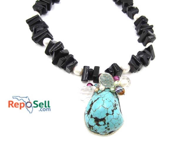 Lot 31-1522 - Black Lacquered Beads with Large Turquoise Pendant