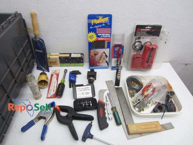 Lot 31-1402 - Tote of Tools: Circuit Tracker, Clamps, Hole Saws, Sawzall Blades, etc.
