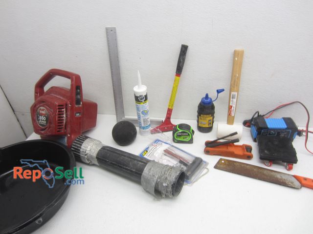 Lot 31-7151 - Tool Lot: Blower &amp; 12V Pulse Repair Charger (Both Power On), Caulk, Square Level, etc.