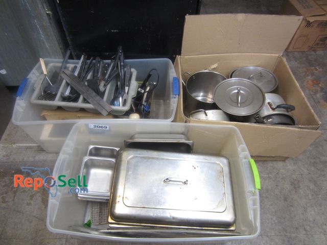 Lot 31-2069 - Assorted Stainless Steel Kitchenware: Pots, Serving Trays, Utensils, etc.