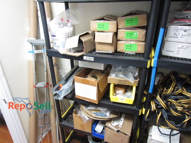 Lot 31-8305 - Storage shelf and contents: Escutcheons, Stair Baluster Base Shoes House of Forginngs 16.3.13, Pull ...