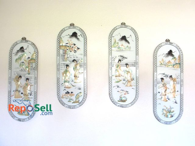 Lot 31-8500 - Four Asian Plastic Wall Panels With Raised Geisha Designs, 28 Inches