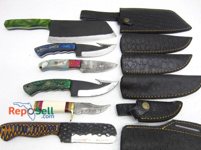 Lot 31-1053 - (6) Knives w/Sheath - 1 Chopping Knife, Some Damascus Style  - All New