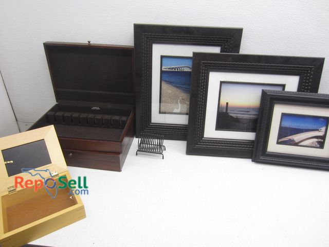 Lot 31-1281 - (2) Flatware Boxes, Picture Frame, Jewelry Box, (3) Framed Photos Of FL etc