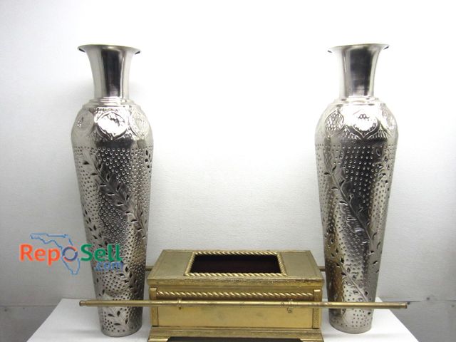Lot 31-5278 - Decor Lot: (2) 35"H Metal Vases, Goldtone Egyptian Box