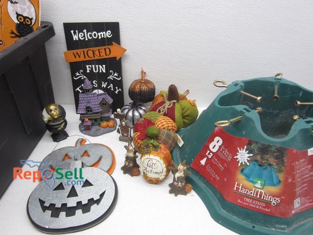 Lot 31-5008 - Fall &amp; Halloween Decor: Stuffed &amp; Glitter Pumpkins, Wall Decor, Halloween Colored Lights, Lo...