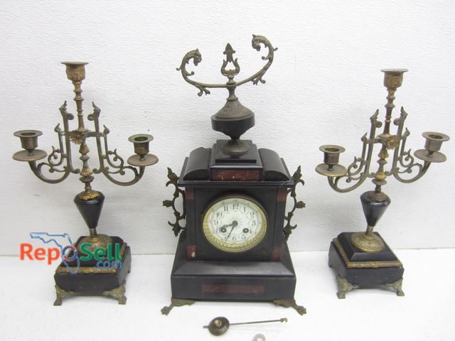 Lot 31-6458 - Vintage Clock with Key And Candle Stands