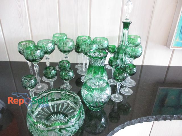 Lot 31-1382 - Etched Glass w/Green Tint, Stamped 1982 - (10) Wine &amp; (10) Brandy Glasses, Plates, Vase, Decante...