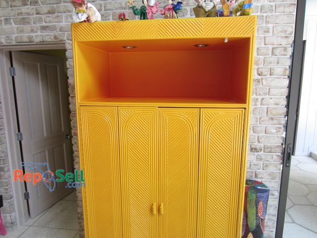 Lot 31-1504 - Large Orange TV Cabinet With Folding Doors And (2) Drawers, Buyer Must Remove 80"x45"x24", No Conten...