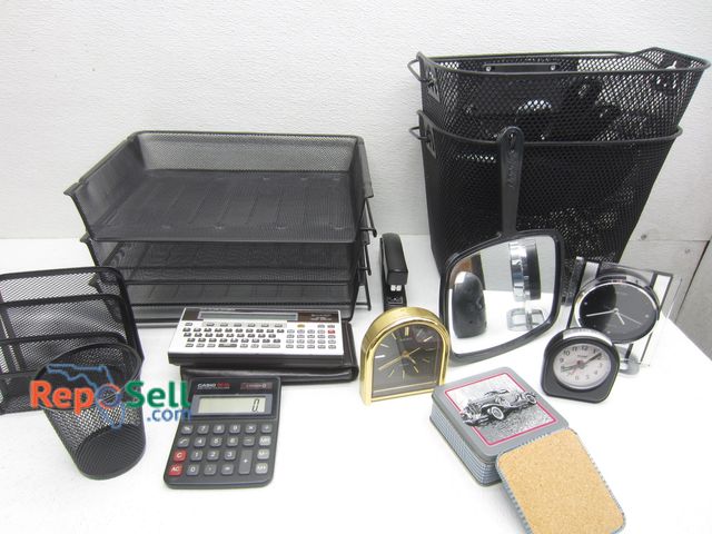 Lot 31-1069 - Office And Estate Lot: Metal Baskets, Organizers, (3) Clocks, Vintage Sharp Pocket Computer etc