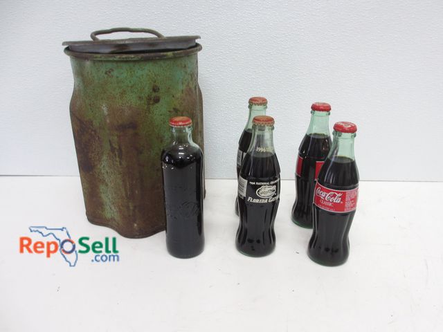Lot 31-1160 - Vintage Metal Coke Canister Bottle Holder and (5) Coca Cola Bottles