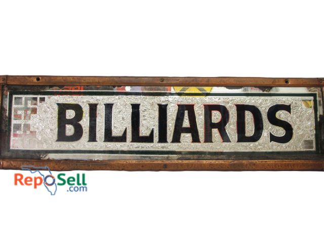 Lot 31-1077 - RARE 1800's Antique Billiards Sign  Reverse Glass and Copper C 36"l x 10"h