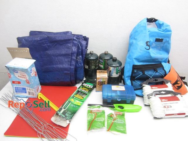 Lot 31-6279 - Camping Lot: (2) H2O Proof Bags, (3) Small Propane Tanks, Diamond Braided Rope etc