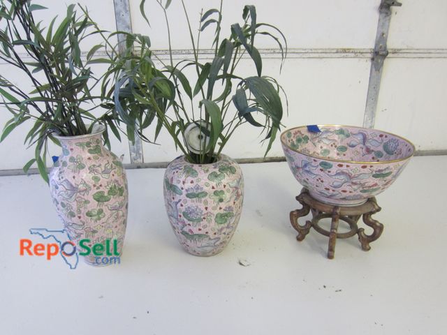 Lot 31-2567 - (3) Porcelain Matching Vases an Bowl with Stand. Marked  Made in Macau