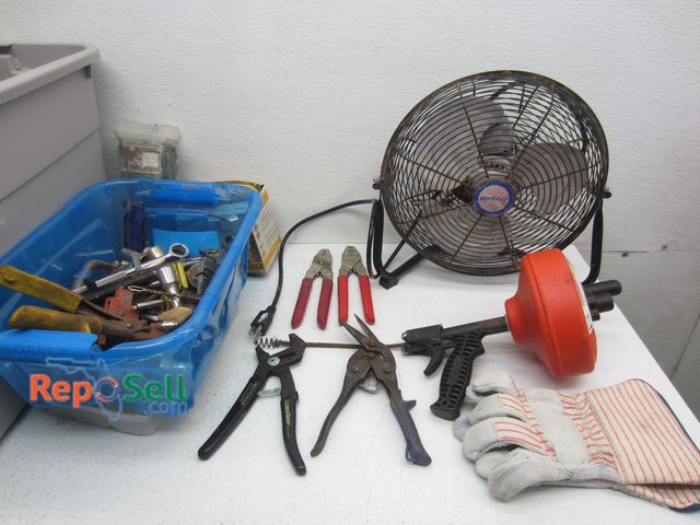 Lot 31-1196 - Tool Lot: Stanley Hardware Bin with hardware, Pluming Auger, Sockets etc