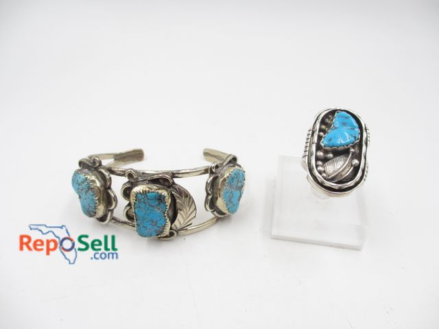 Lot 31-9509 - Southwest Turquoise Cuff Bracelet and .925 Silver Ring Size 7.5 (13.5g total)