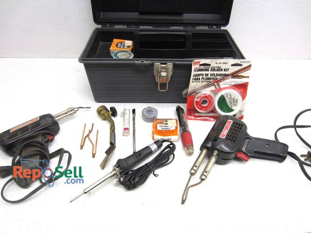 Lot 31-5328 - Tuff-Box Plastic Toolbox With (2) Soldering Irons, Propane Torch Head, Soldering Acces etc -All Powe...