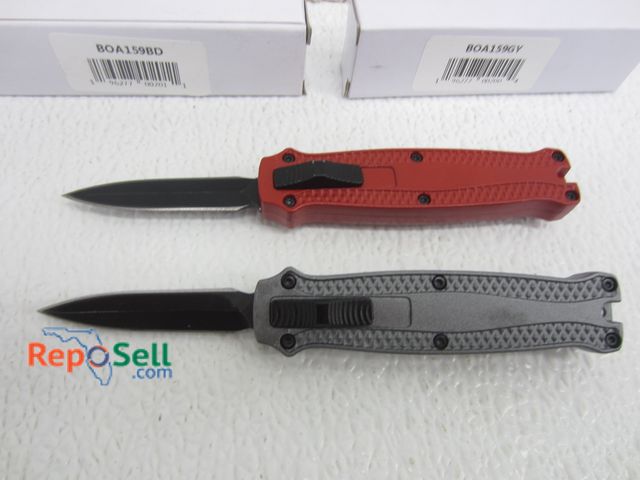 Lot 31-4358 - (2) 3.13" Mini Tactical Out-The-Front Auto Folding Pocket Knives (1 Red,1 Grey)