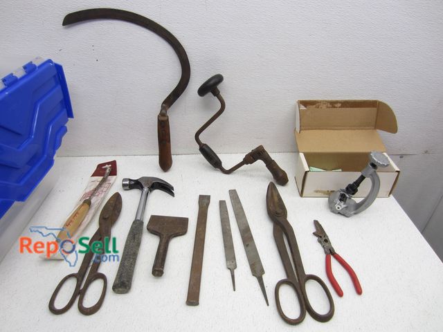 Lot 31-6130 - Lot of Vintage Tools; Drill, Scythe, Shears, Pliers, Etc