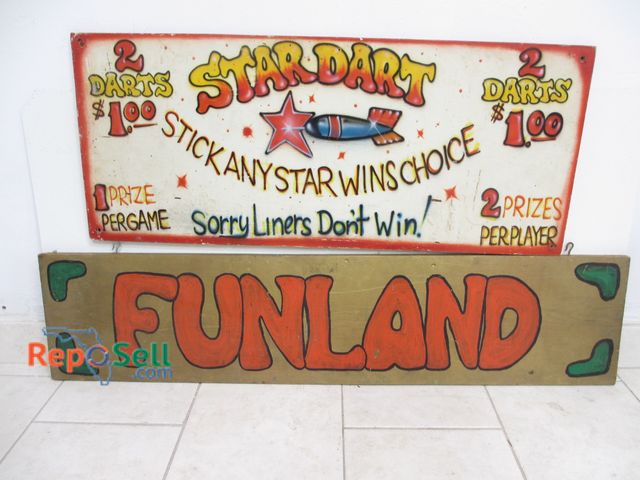 Lot 31-1247 - (2) Vintage Wood Signs; (1) Funland and (1) Star Dart; Longest is 48"