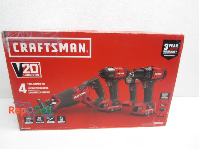 Lot 31-2207 - New Craftsman 20V 4-Tool Combo Kit w/(2) Batteries, Charger &amp; Tool Bag #CMCK400D2