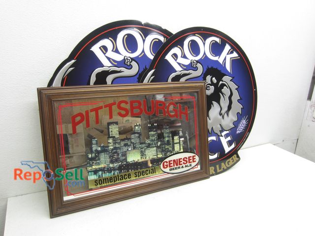 Lot 31-8140 - (3) Beer Signs: 2 - 1994 Metal "Rock Ice" Amber Lager 23x23", 1 - Framed Mirror Genesee 23x15"